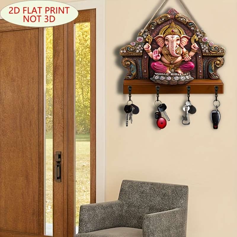 1pc Ganis Wooden Key Holder with 4 Metal Hooks Easy Install Space-Saving Wall Mount Organizer for