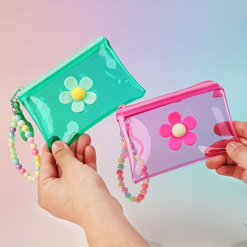 1pc Trendy Transparent PVC Coin Purse with Beaded Chain Compact Key Card Holder Zip Closure E