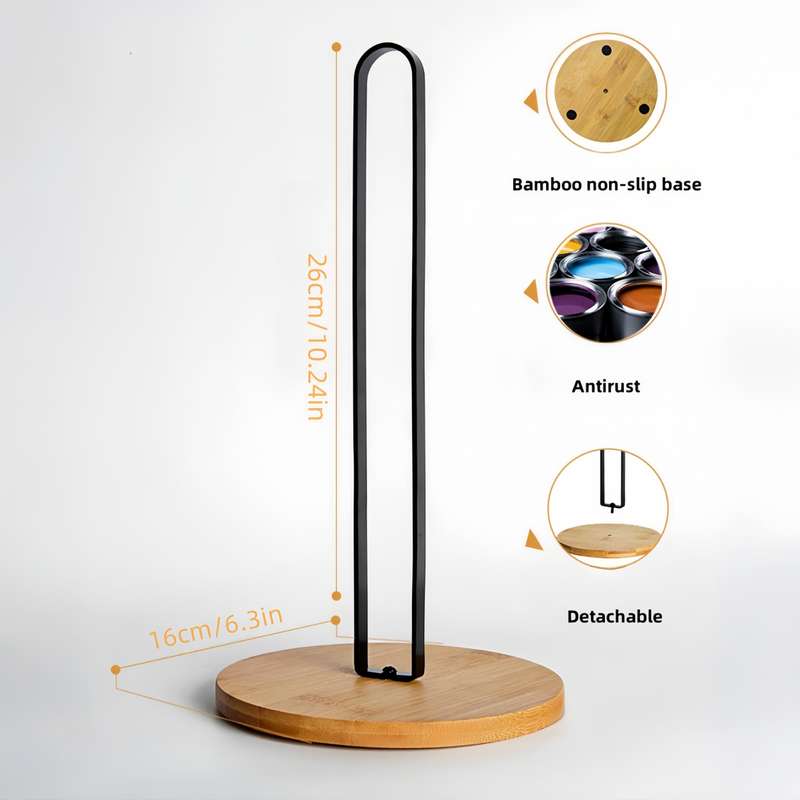 1pc Black Bamboo Kitchen Paper Towel Holder Vertical Storage Rack for Countertop Metal Tiss
