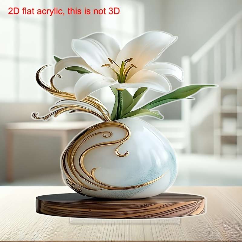 1pc 2D Flat  Acrylic Vase with Elegant White Lilies and Golden Accents Ideal for Home Office or