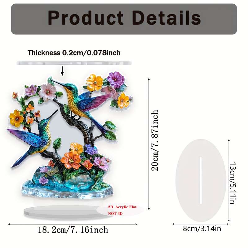 1pc 2D Flat   Bohemian Style  Acrylic Hummingbird Decor Vibrant Bird Flower Sculpt with S