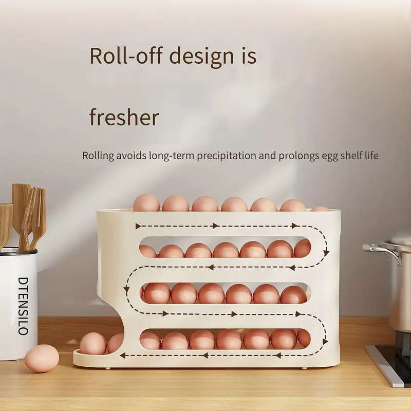 4-Tier Sliding Egg Holder, Large Capacity Automatic Roll-Off Egg Storage Box for Refrigerator Side D