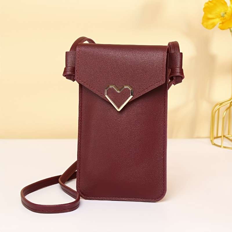 1pc Women'S Vintage Pink Heart Buckle Crossbody Bag with Clear Phone Pocket Durable Synthetic Fau