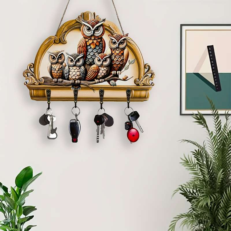 1pc Owl  Floral Wooden Key Hanger with Four Metal HooksColorful Traditional Design for Home Wa