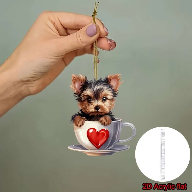 1pc 2D Flat  Adorable Yorkshire Terrier in Teacup Acrylic Pendant Versatile  Charm Hanger for H