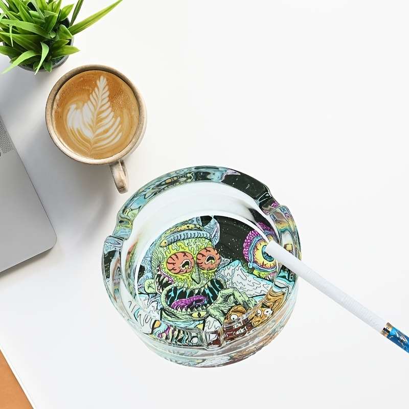 1pc Vibrant Round Glass Ashtray with Colorful Psychedelic Patterns Transparent Smokeless C