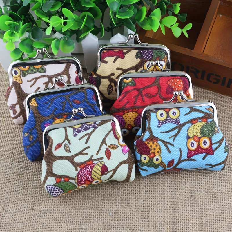 1pc Adorable Small Coin Purse Women's Canvas Owl Cartoon Coin Bag