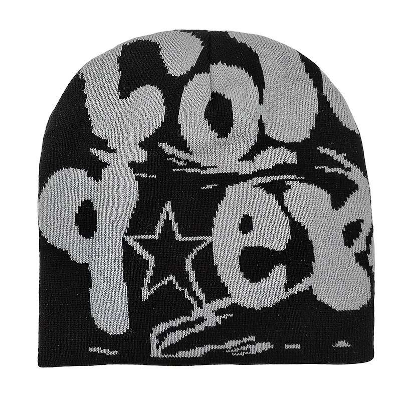 1pc Unisex Acrylic Knit Beanie Hat Stretch Fit Jacquard Letter Embroidery Warm Winter Headw