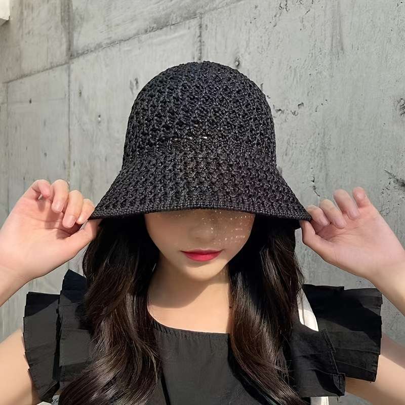 1pc Summer Sun Hat Hollow Out Knitted Polyester Bucket Hat Sun Protection for Fishing