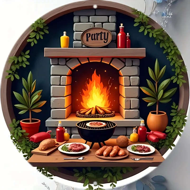 1pc 20.32x20.32cm Round Aluminum Sign Rustic BBQ Party Scene Wall Decor with Stone Fireplace Grill a