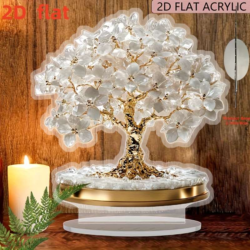 1pc 2D Flat  Elegant Bohemian Cherry Blossom Acrylic Tabletop Decor  Design with Golden Tr