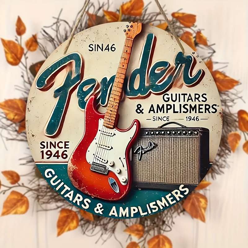 1pc Artistic Flair Vintage Fender Guitars Amplifiers Wooden Wall Art 19.81cm Round Rustic Han