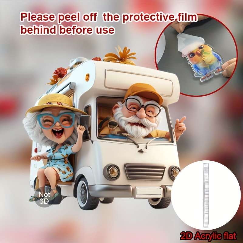 1pc 2D Flat   Acrylic Flat Whimsical Grandma Grandpa Camper Car Charm Perfect for Car Decor