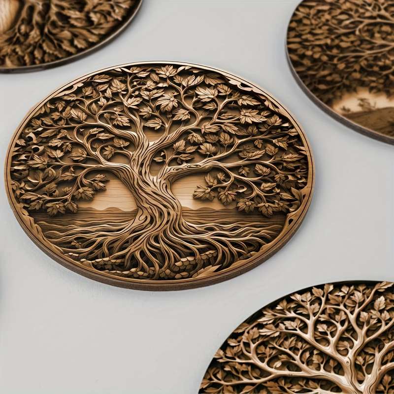 4pcs Tree of Life Wooden Trivet Set Heat Resistant Pot Holder Round Non-Slip Coasters for Ki