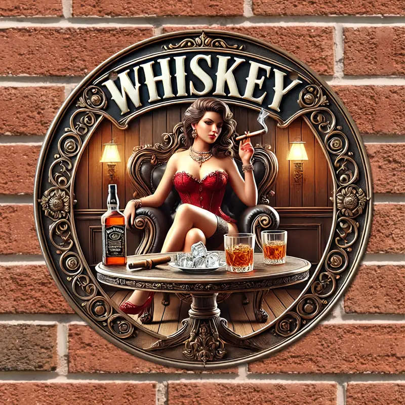 1pc Vintage Whiskey Metal Sign 20.32cmx 20.32cm Elegant Wall Art with Smoking Woman Ornate Design Al