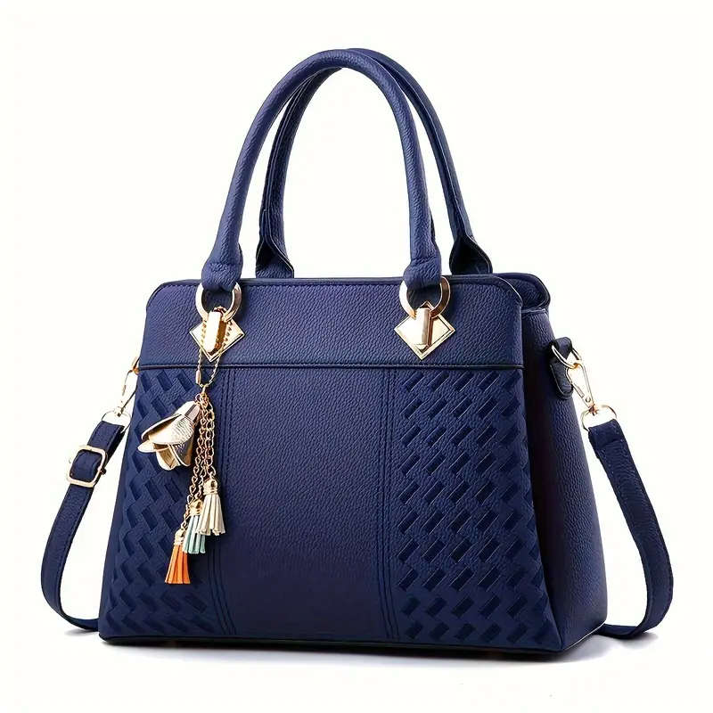 Elegant Embroidered Tote Bag with Tassel Charm Vintage Soft Faux Leather Versatile Crossbody Shoulde