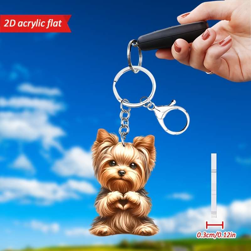1pc 2D Flat   Cute Yorkshire Terrier Love Heart Pattern Keychain Novel Acrylic Design Key Chain