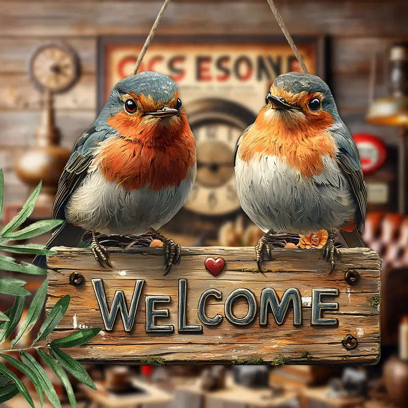 1pc Rustic Robin Wooden Welcome Sign 24.89cmx21.08cm Wall Mount Farmhouse Decor for Home Garden No E