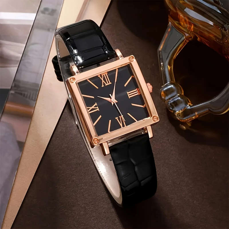 5pcs set Women's Square Personalized Romantic Quartz Watch Simulated PU Leather Strap Watch Paired