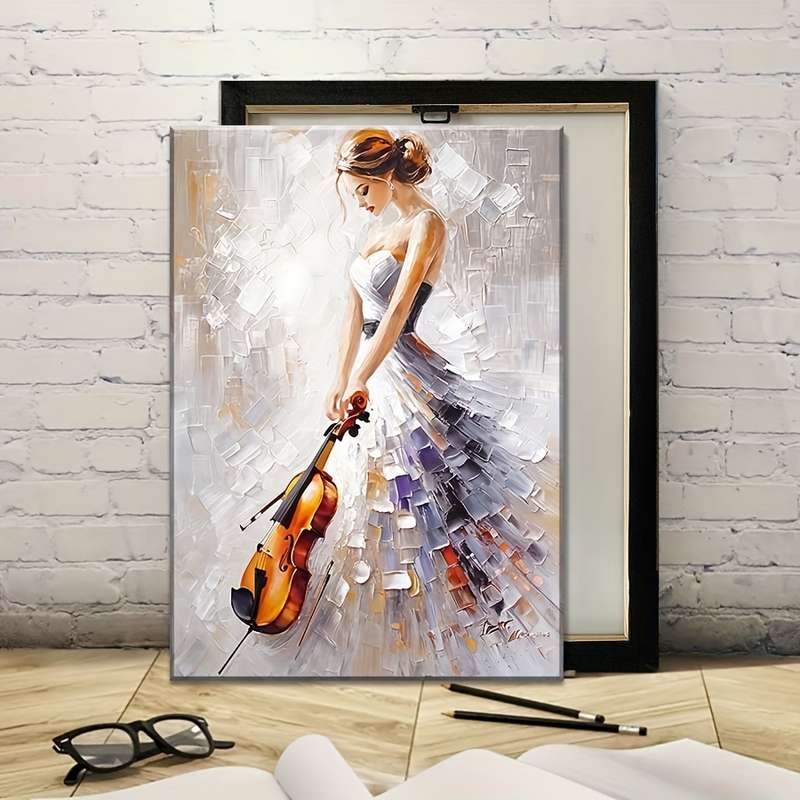 1pc Elegant Violinist Canvas Print Abstract Female Musician Oil Painting Pine Wood Wrapped Frame
