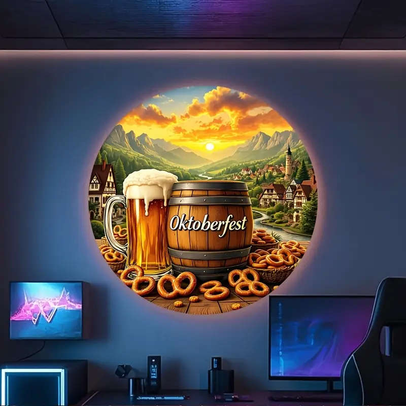 1pc Oktoberfest Round Aluminum Sign 20.32x20.32 cm Festive Beer and Pretzel Scene Ideal for Home Kit