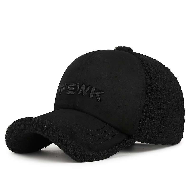 1pc FEWK Embroidered Fleece Baseball Cap Warm Cozy Brown Trucker Hat with Faux Leather Patc