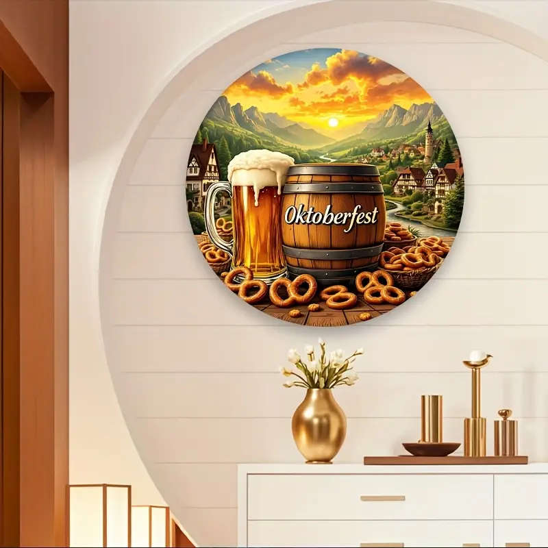 1pc Oktoberfest Round Aluminum Sign 20.32x20.32 cm Festive Beer and Pretzel Scene Ideal for Home Kit