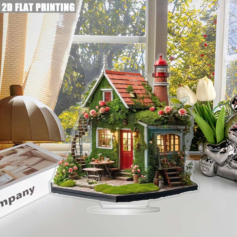 1pc 2D Flat  Bohemian Style Acrylic Holiday Village House Vibrant Lighthouse Cottage Scene with