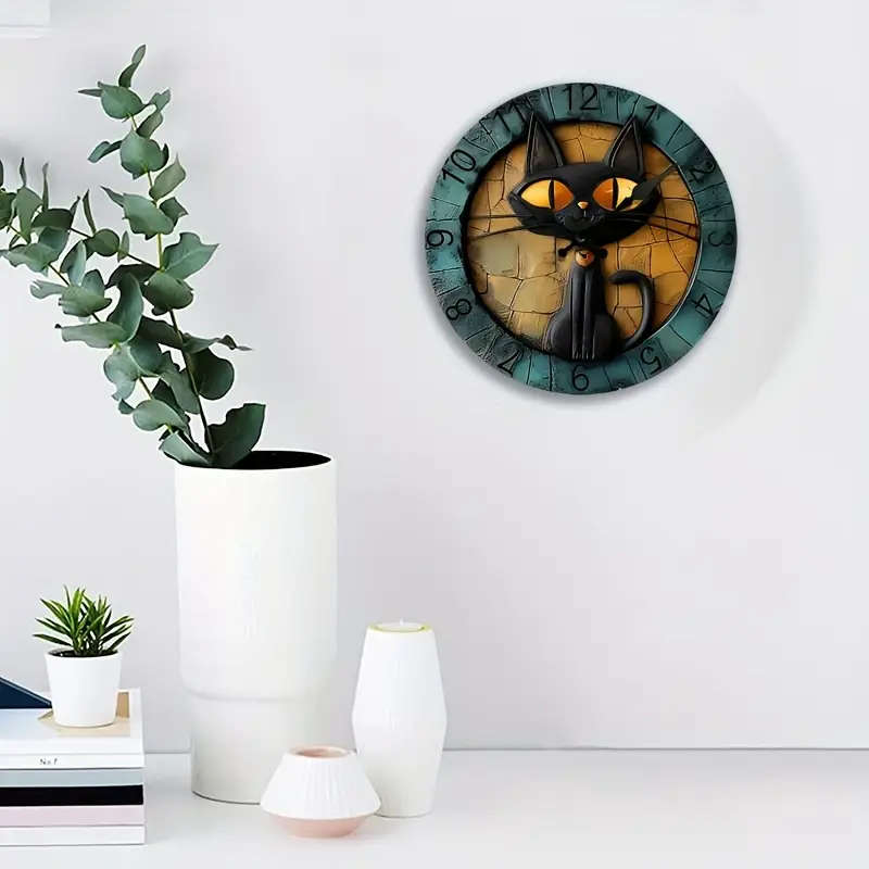 1pc Black Cat Silent Wall Clock Digital Wood Display Round Shape AA Battery Operated Non-Ticking Dec