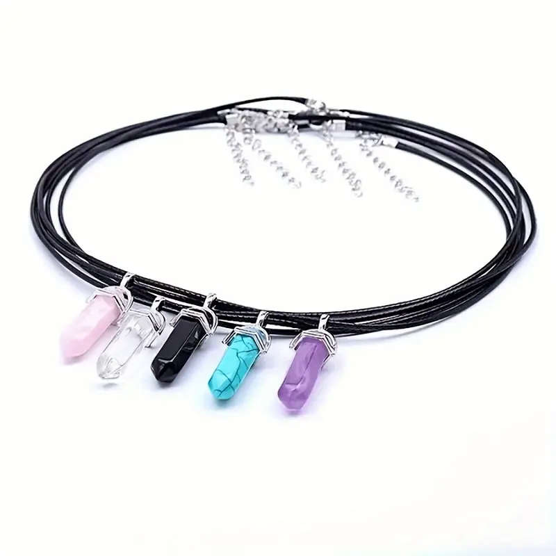 Natural Stone Pillar Pendants with Leather Cord Necklaces