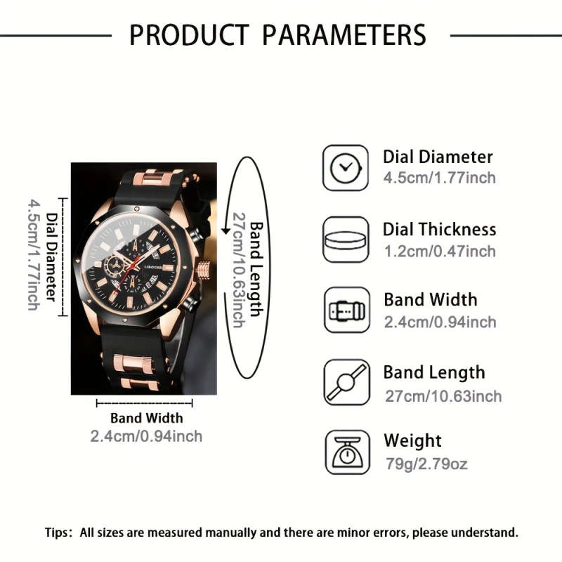 1pc Men's Stylish Quartz Watch with Calendar Black Rose Golden Silicone Strap Zinc Alloy Case Round
