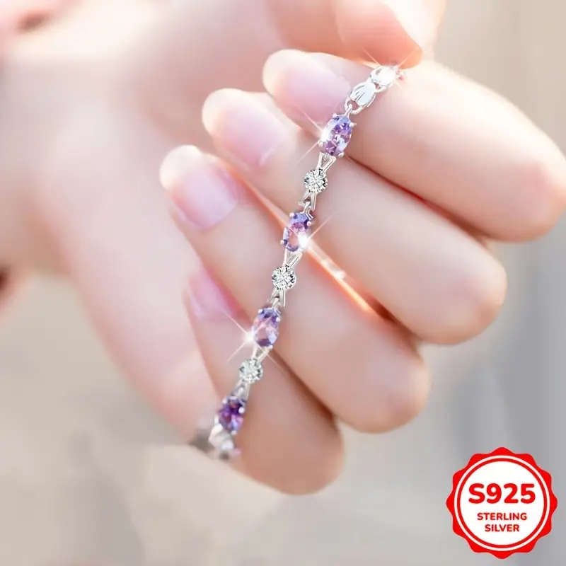 925 Sterling Silver Bracelet with Purple Cubic Zirconia - Bohemian Style