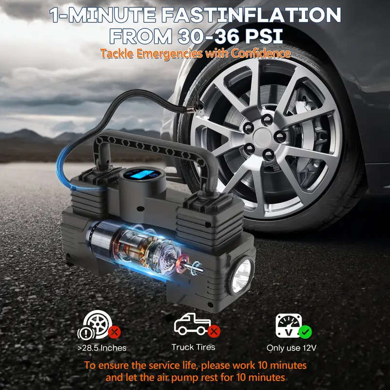 1pc 12V Portable Tire Inflator 150PSI Air Compressor with Digital Pressure Gauge Magnetic Material C