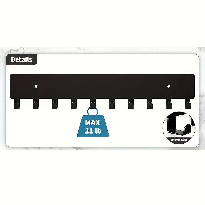 Easy-Install Black Metal Key Rack with 10 HooksSleek Wall Mounted Storage for Keys Towels  More