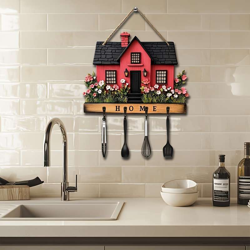 1pc romantic flowers and red house wooden key hanger key storage with hooks four-season multi-fun