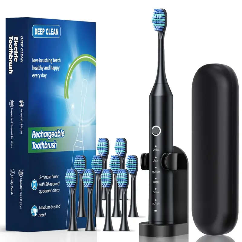 1set Automatic Rechargeable Electric Toothbrush for Adults 10 Brushes  6 Cleaning Modes 500mAh