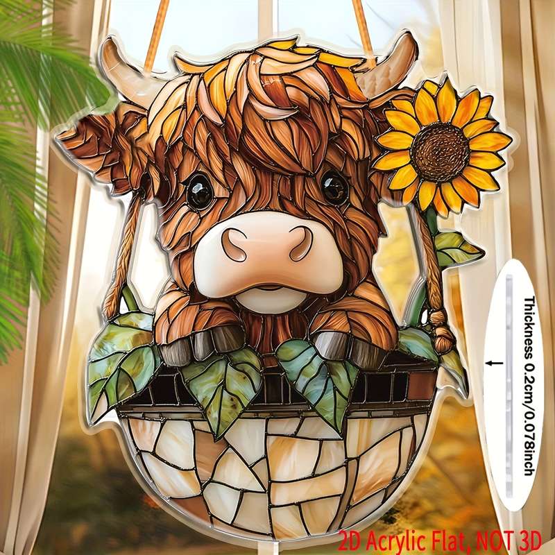1pc 2D Flat  Highland Cow Acrylic Wall Pediment  Print Farmhouse Window Catchlight 7.1"x8" Ind