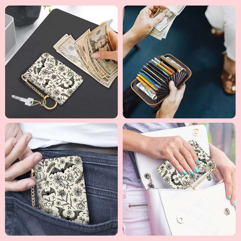 1pc Gothic Bat Zipper Wallet for Women Compact RFID Blocking Card Holder with Keychain Floral