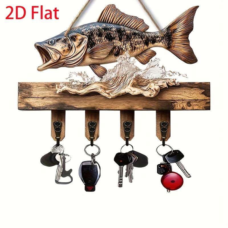 1 2D Jumping Fish Hook Decorative Rack Simple Colorful Wooden Home Key Hanger with Four Metal Hooks