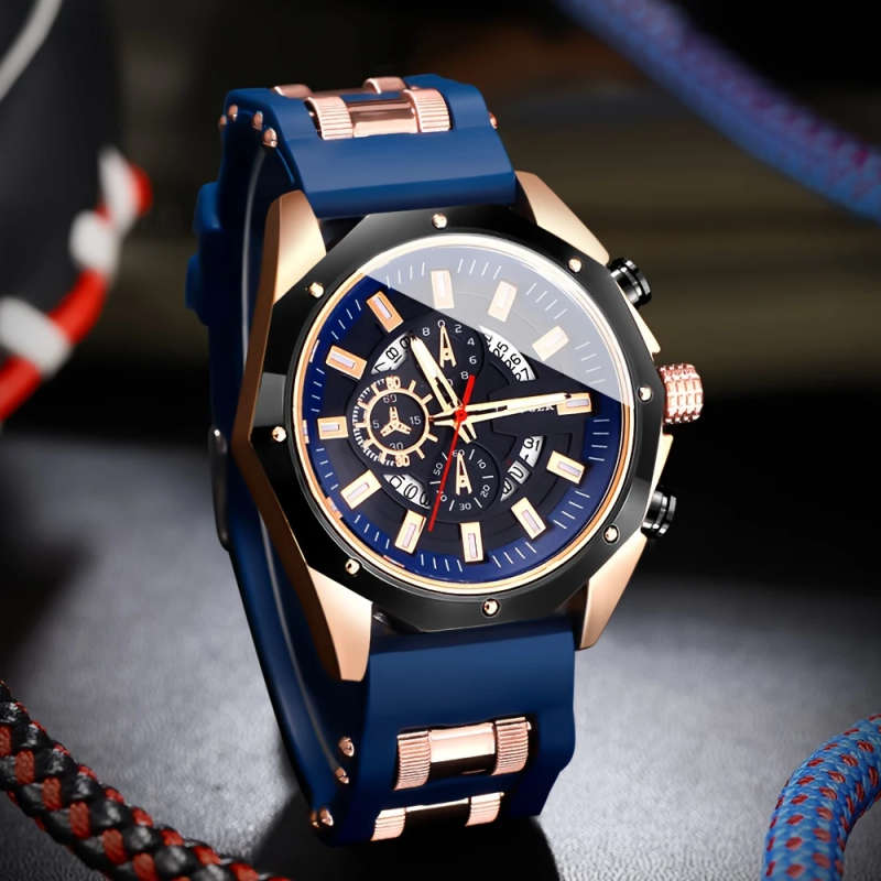 1pc Men's Stylish Quartz Watch with Calendar Black Rose Golden Silicone Strap Zinc Alloy Case Round