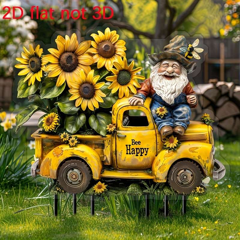 1pc 2D Flat  Happy Bee Driving Vintage Truck Garden Stake Perfect for Yard And Lawn Perfect Flowe
