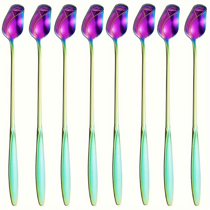 8pcs High-Quality Stainless Steel Rose Flower Spoon Fashionable Design 6.77-inch Long Handle