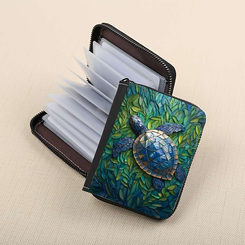 1pc Floral Turtle Print Zipper Wallet 24 Card Slots Coin Purse ID Holder Stylish Card Cas