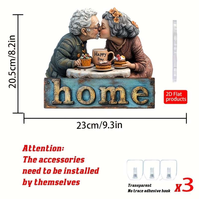 Bohemian Style 2D Acrylic Key Hooks for WallCharming Elderly Couple Design with "HOME" Sign 23.6
