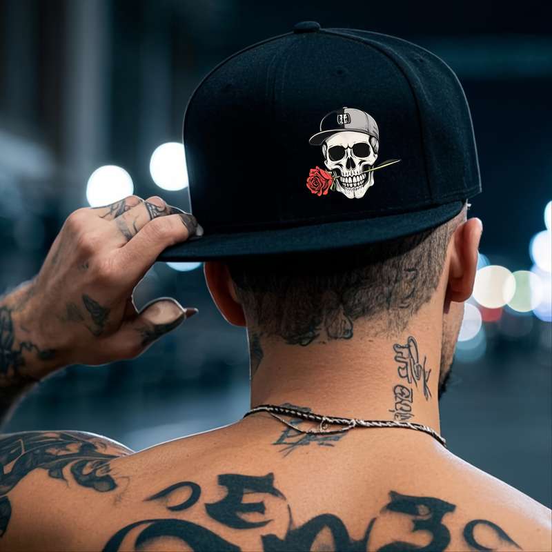 1pc Adjustable Hip Hop Baseball Cap with Skull and Rose Graphic Vintage Style Flat Brim Polyester