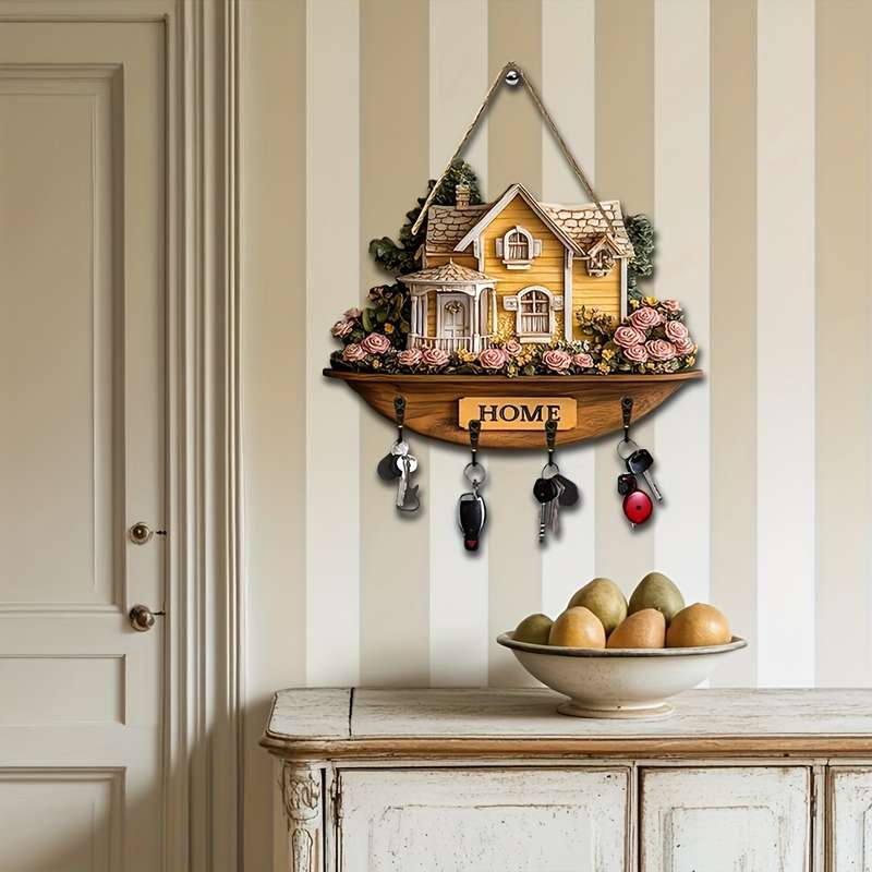1pc charming flower and house wooden key hanger key storage with hooks four-season multifunctiona