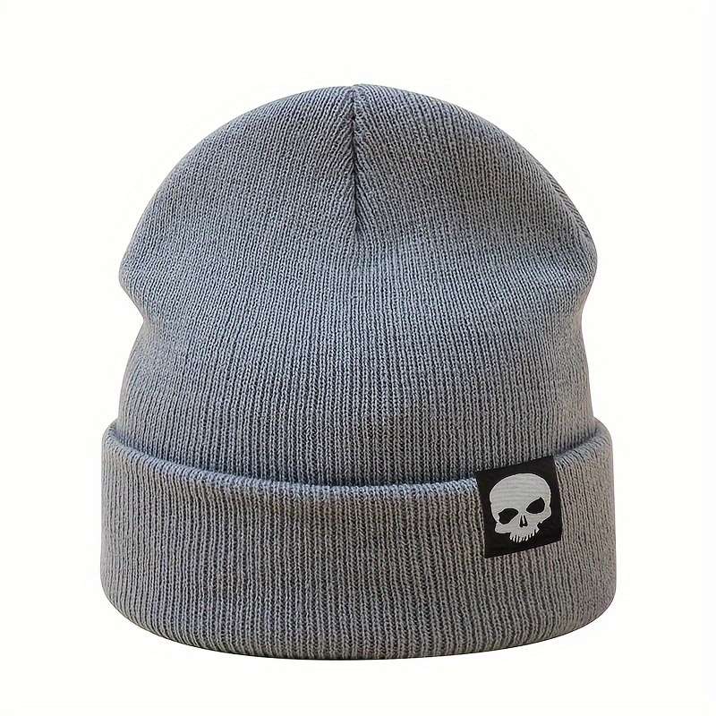1pc MAKEFGE Skull Logo Knit Beanie Warm Stretchy Acrylic Winter Hat for Men Funky Style Handw