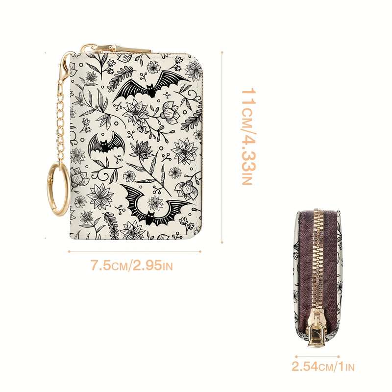 1pc Gothic Bat Zipper Wallet for Women Compact RFID Blocking Card Holder with Keychain Floral