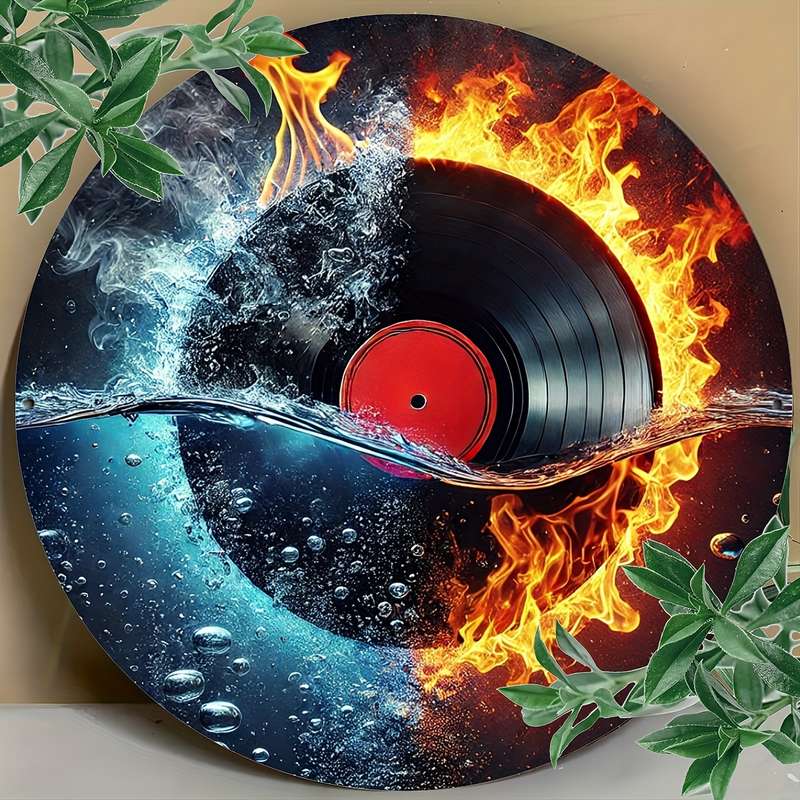 1pc 20cm Fire and Water Vinyl Record Themed Metal Sign Art Set Durable Iron Retro Music Wall Deco