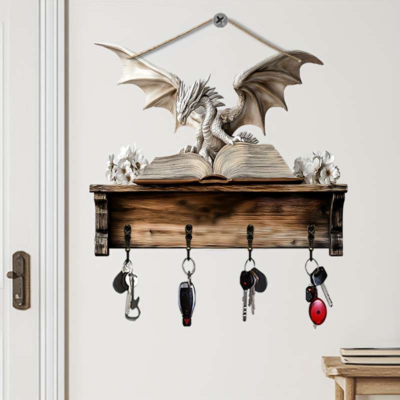 A Dragon Reading a Book a Minimalist Colorful Wooden Key Holder for Home Comes with Four Metal Hoo